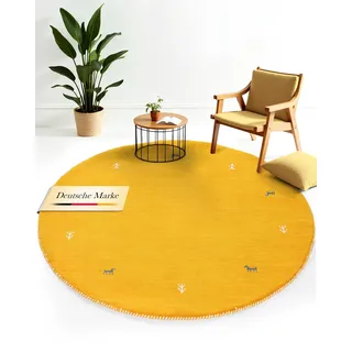 carpetfine Wollteppich Gabbeh Uni Rund Gelb Ø 120 | Moderner Teppich für Wohn- und Schlafzimmer