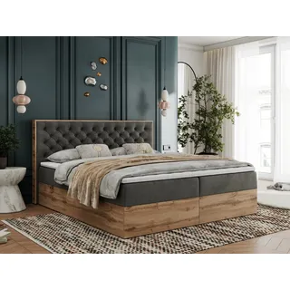 Boxspringbett, Deko, Doppelbett, Polsterbett mit Bettkästen und Multipocket-Matratze, Eiche Wotan holzrahmen - Albero-3 - 200x200cm - Dunkelgrau Velvet - H3 - Grau