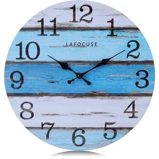 Lafocuse Marine-Wanduhr Blau Holz Geräuschlos, rustikale Wanduhr im maritimen Vintage-Retro-Stil, Strandmotiv, tickt nicht, für Wohnzimmer, Badezimmer, Schwimmbad, 30 cm
