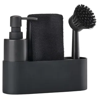 Zone Denmark Singles Spülbecken Organizer, Spüle Organizer, Abwasch Organizer mit Spülbürste, Spülmittelspender, Abwaschlappen & Spültuchhalter, 22 x 6,7 x 19 cm, 4 Teile, Schwarz