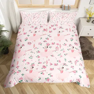 Homewish Rosa Ballett Mädchen Bettbezug 135x200 für Kinder Teens Erwachsene, Ballett Liebhaber Bettwäsche Set, Prinzessin Bett Set, Ölgemälde Blume Tröster Abdeckung mit 1 Kissenbezug