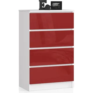 Kommode in rot Hochglanz mit 4 geräumigen Schubladen, 60 cm breit, 99 cm hoch Organizer Kommode mit Schubladen Holz Highboard Sideboard Schrank - Rot