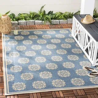 SAFAVIEH Kleines Medaillon Drinnen & Draussen - Beachhouse Collection, Kurzer Flor, Creme und Blau, 122 X 183 cm