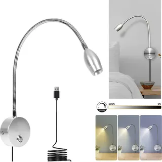 Silver LED Leselampe Innen Nachttisch Wandleuchte für Wand Wandlampe Mit Schalter Wandbeleuchtung 3 Farbmodi Touch Dimmbare Nachtlicht für Schlafzimmer Wohnzimmer - Schwarz, Silber