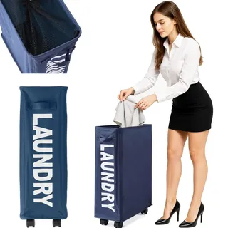 BAKAJI Schmutziger Wäschekorb, schmal, platzsparend, faltbar, aus Stoff, Dekoration mit Netzgriff, Griff und 4 Rädern, Maße: 39 x 20 x 56 cm (blau)