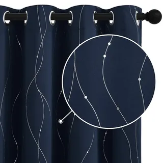 StangH Verdunkelungsvorhänge, Silberne Wellen-Linie und Punkte, Bedruckt, wärmeisoliert, Fenstervorhänge, Tülle, lichtblockierende Vorhänge für Wohnzimmer, Gästezimmer, B 132 x L 183 cm, 2 Paneele