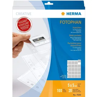 Herma Diahüllen für gerahmte Dias, 100 Stück, 5x5 cm, 20 Fächer geteilt, klar/matt, beidseitig sichtbar, Fotophan Fotosichthüllen Sammelhüllen mit Eurolochung zur Dia-Archivierung, transparent