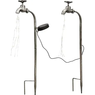 2er Set Deko Solar LED-Wasserhahn aus Metall mit LED-Lichterschweif und Lichteffekt, Solarleuchte mit 40 LEDs beleuchtet, Gartendeko im vintage-Look - Silber