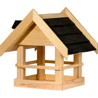 dobar Großes Vogelhaus Noir aus Massivholz mit schwarzem Bitumendach - Vogelfutterhaus für Ständermontage - Natur