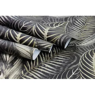 Rasch Textil Rasch Vliestapete 751833 African Queen III, Blätter schwarz gold, 10,05 x 0,53 m