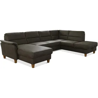 CAVADORE Wohnlandschaft Palera / Federkern-Sofa in U-Form im Landhausstil / 314 x 89 x 212 / Mikrofaser in Lederoptik, Oliv