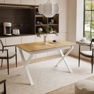 lookway ARTON II ausziehbarer Tisch 140 cm, Weiße Metalbeine X, Tischplatte Farbe: Craft Gold Eiche - Weiß