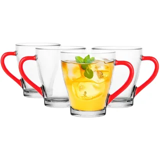 Glasmark KROSNO, 220ml, Set von 4, Gläser set, Trinkgläser aus Glas mit Henkel, farbiges Ohr, Trink-Glas, Tasse, Glasbecher mit Hörer, Spülmaschinenfest