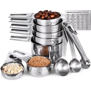 Unyqoos® 15‐teiliges Messbecher- und Messlöffel-Set aus 188 Edelstahl, nestbar & spülmaschinenfest, mit magnetischer Messumrechnungstabelle - Silber