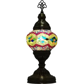Ostasiatische Mosaik-Tischlampe (Türkische Lampe) Ø 13 cm gelb/bunt, handgefertigt mit Messingbeschlägen, 35 cm hoch