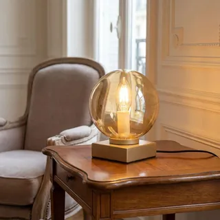 Licht-Erlebnisse Tischlampe Modern Gold Bernstein Metall Glas Kugel blendarm Kabelschalter Wohnzimmer Büro H:17,5 cm E14 Nachttischlampe Schlafzimmer mit Schalter