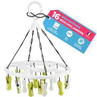 culiclean Wäschespinne klein mit 16 Klammern – Sockentrockner – Camping Wäschespinne – Mini Wäschespinne – Socken Aufhänger für Wäscheständer – Weiss mit grün-Weiss/Weiss-grün