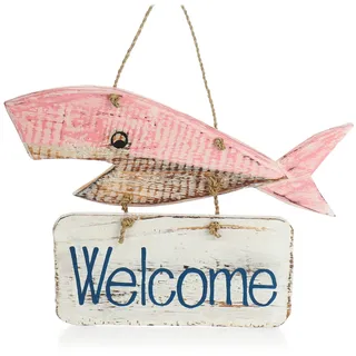 com-four® Türschild "Welcome" - Deko Holzfisch zum Aufhängen - Maritime Hängedeko für Zuhause - Fische aus Holz als Deko und Geschenk (01 Stück - Hängedeko Wal - pink)