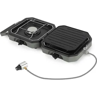 Ikodm Tragbarer Camping Gas Grill 2 Flammen mit Antihaft-Bratplatte – Faltbarer Outdoor Herd für Garten & Reise - Grau