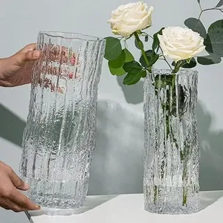 QEEYON Glasvase Modern Zylinder Glas Vase Groß Deko Vasen Handgefertigte Glacier Klar Glasvase mit Massivem Eisboden Glas Blumenvase für Home Office Hochzeit Dekor Geschenk (25 * 10cm)