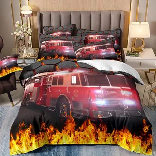 VOGIAY Feuerwehr Themen Bettwäsche Set, Feuerwehrwagen Bettbezug 155x220cm + 2 Kopfkissenbezug 80x80cm Mikrofaser Jungen Jugendliche Zimmer Dekorativ Fahrzeug Auto Coole Feuerwehrmänner Bettwäsche