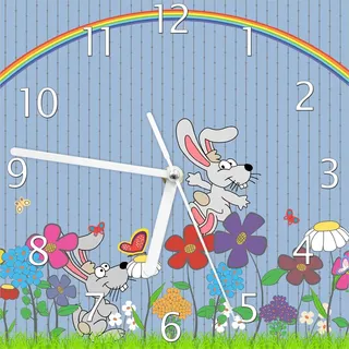 Wallario Design Wanduhr Süße Hasen unter einem Regenbogen aus Echtglas, Größe 20 x 20 cm - Blau