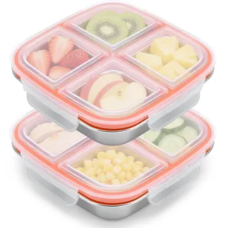 QGGTQG Snackbox mit 4 Fächern 2 Stück Edelstahl Brotdose 600ML Leckdichte Snackdose mit Deckel Wiederverwendbare Brotdose Kinder Metall Lunchbox für Obst, Gemüse, Fleisch, Süßigkeiten, Nüsse (Weiß)