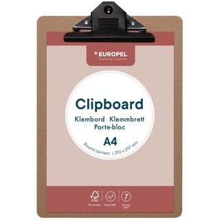 EUROPEL Klemmbrett aus Holz, A4, Hochformat, FSC-zertifiziert, MDF, mit schwarzem Metallclip, für Klassenzimmer, Büro, Geschäft, Restaurant, Lager, 325x230x3mm