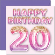 Geburtstagskarte zum 20. Geburtstag für Frauen – rosa und lila Glitzerballons – Happy Karten für 20 Jahre alte Frau Tochter Schwester Tante Cousin, 145 mm x 145 mm 20. Geburtstag Grußkarten Geschenk