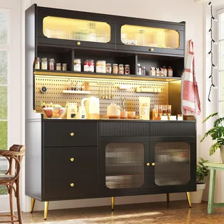 MODFU Küchenschrank Hochschrank mit LED-Vitrine und mit Lift-up-Tür,144.9x24x171cm,Sideboard mit Lochwand,Schublade und Glasböden,Schwarz - Schwarz