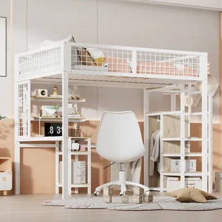 Flieks Etagenbett 140x200m mit Treppe und Kleiderschrank, Hochbett Jugendbett mit Schreibtisch und Lattenrost, Kinderbett mit Rausfallschutz und Regal - Weiß