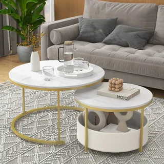 Costway Couchtisch rund 2er Set, Wohnzimmertisch Marmor Optik, Beistelltisch mit Stauraum, Kaffeetisch mit Korb aus Stoff, Satztisch für Wohnzimmer - Weiß, Gold