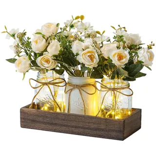 Garvee Set mit 3 rustikalen LED-Tischzentren, Mason Jar Vasen mit künstlichen Blumen, Tablett aus Holz, Elegante Dekoration für Esszimmer, Wohnzimmer, Hochzeiten, Landhausstil