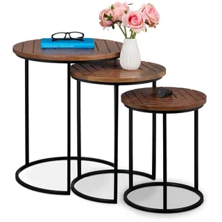 Relaxdays Satztisch, 3er Set, Mangoholz, Eisen, runder Beistelltisch, Wohnzimmer, Flur, Deko, Couchtisch, braun/schwarz