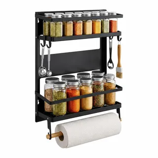 Relaxdays Gewürzregal, 2 Gewürzablagen, schwarz | magnetischer Küchenorganizer, Küchenrollenhalter, 10 Haken, Metall