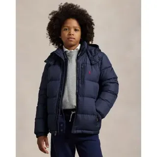 Polo Ralph Lauren für Jungen. 323969861002 Ripstop-Daunenjacke mit marineblauer Kapuze ((L) 10/12años= 150/161cm), Lässig, Recyceltes Polyes