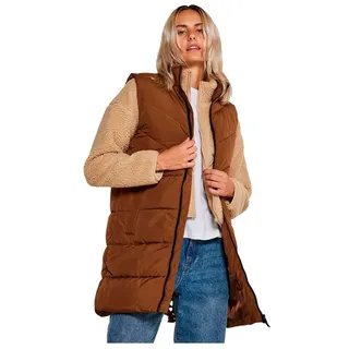 Noisy May Damen Winter Weste NMDALCON Lange wattierte Puffer Stepp Jacke mit Zip ohne Ärmel, Farben:Braun, Größe:S