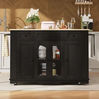 Sweiko Kücheninsel, abnehmbare Trennwände, Küchenschrank, Esszimmerwagen mit Arbeitsplatte, Buffetschrank, Esszimmerwagen mit Holzmaserung, Buffetschrank, Schrank aus gehärtetem Glas, Schwarz - Schwarz