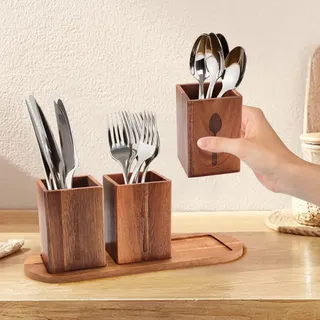 Bambus Besteckhalter besteckkorb 3 Teilig aus Holz Besteck Organizer Küchenutensilienhalter für Küche Besteckständer für Esstischdeko Besteckbehälter – mit Ablaufloch – Maße 33 x 11,5 cm