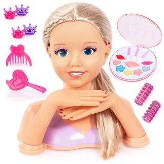 Bayer Design 90025AC Lisa Top Model Frisierkopf Schminkkopf, Puppenkopf mit Haarzubehör, Händen, Make-up, 25 cm, Blond