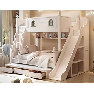 Etagenbett Holz weiß – Hochbett Kinderbett mit Rutsche und Stauraum - Weiß