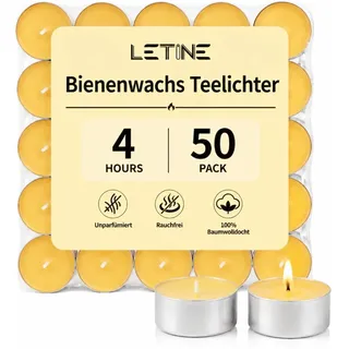 LETINE 50 Stück Bienenwachskerzen Teelichter, 4h Brenndauer | Reines Bienenwachs, Paraffinfrei, Duftfrei & Saubere Verbrennung, Für Halloween, Advent, Weihnachten Deko