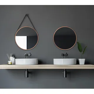 Wandspiegel rund Talos Copper Style Matt Ø 50 cm – Badspiegel mit Aufhängegurt in Lederoptik – hochwertiger umlaufender Aluminiumrahmen in kupferfarben – Badezimmerspiegel - Kupfer