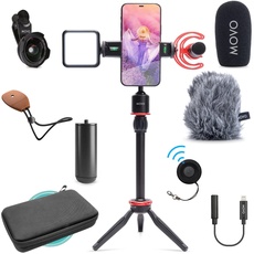 Movo iVlog1 Smartphone Video Vlogging Bundle mit Movo VXR10-PRO Richtmikrofon, Mini Stativ, LED Kamera Licht, Weitwinkelobjektiv Externes Mikrofon für iPhone und Android