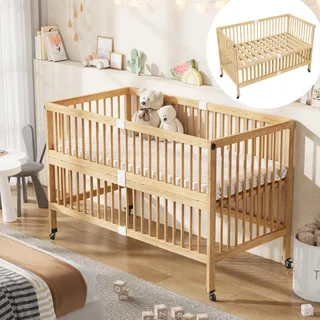 Flieks Gitterbett 70x140cm mit Rollen, Babybett Nebenbett mit umklappbarem Gitter, Höhenverstellbares Beistellbett Holzbett mit Rausfallschutz, Holz - Naturbelassen
