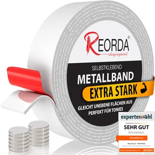 Reorda® Metallband - Ideal für Tonie Tribüne, Magnete & Tonie Figuren dank hohem Metallanteil - Magnetband selbstklebend | Magnetleiste selbstklebend | Magnetband + 10 Neodym Magnete