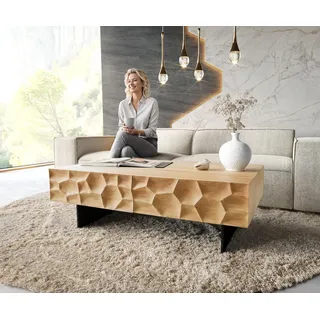 DELIFE Couchtisch Solu 120x70 cm Eiche Natur 4 Schübe Fuß schwebend Metall Schwarz 3D-Front - Braun, Hellbraun