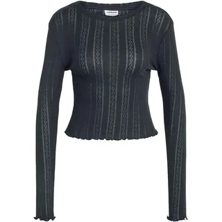 Noisy may Oberteil mit Rüschen Langarm Pointelle Feinstrick Shirt Rundhals Babylock Top NMJUDY, Farben:Schwarz,Größe Damen:XL