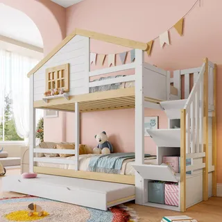 Flieks Etagenbett 90x200cm mit Ausziehbett, Kinderbett Hausbett mit Treppe und Schubladen, Hochbett Holzbett Stockbett mit Rausfallschutz - Naturbelassen