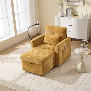 Abrihome Relaxsessel Schlafsessel mit Klappbarer Rückenlehne und Handyhalterung, Chenille Faulenzersofa mit Stauraum – Gelb - Gelb